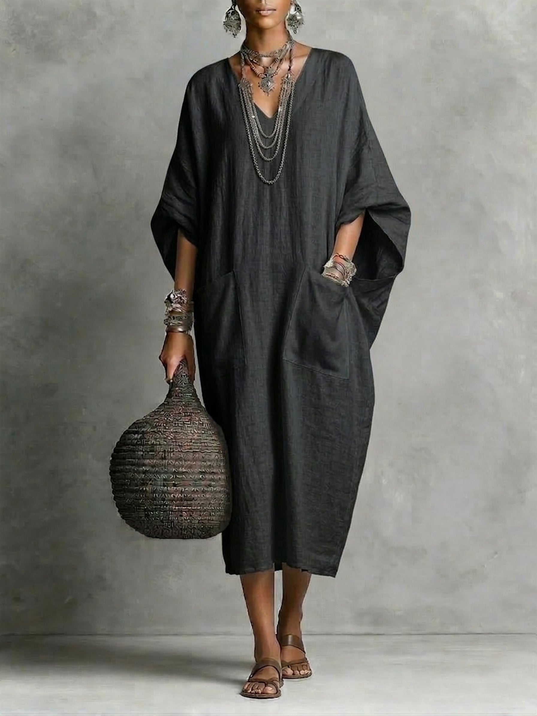 Women's Casual V-neck Cotton-linen Dress With Pockets
