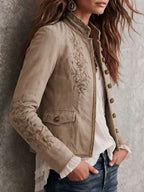Retro Beige Stand Collar Floral Embroidery Braided Trim Jacket