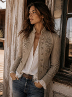 Retro Beige Stand Collar Floral Embroidery Braided Trim Jacket