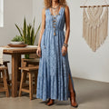 Women's Fashion Spring/Summer Bohemian Style Light Blue Water-Soluble Lace V-Neck Sleeveless Dress With Button Accents A