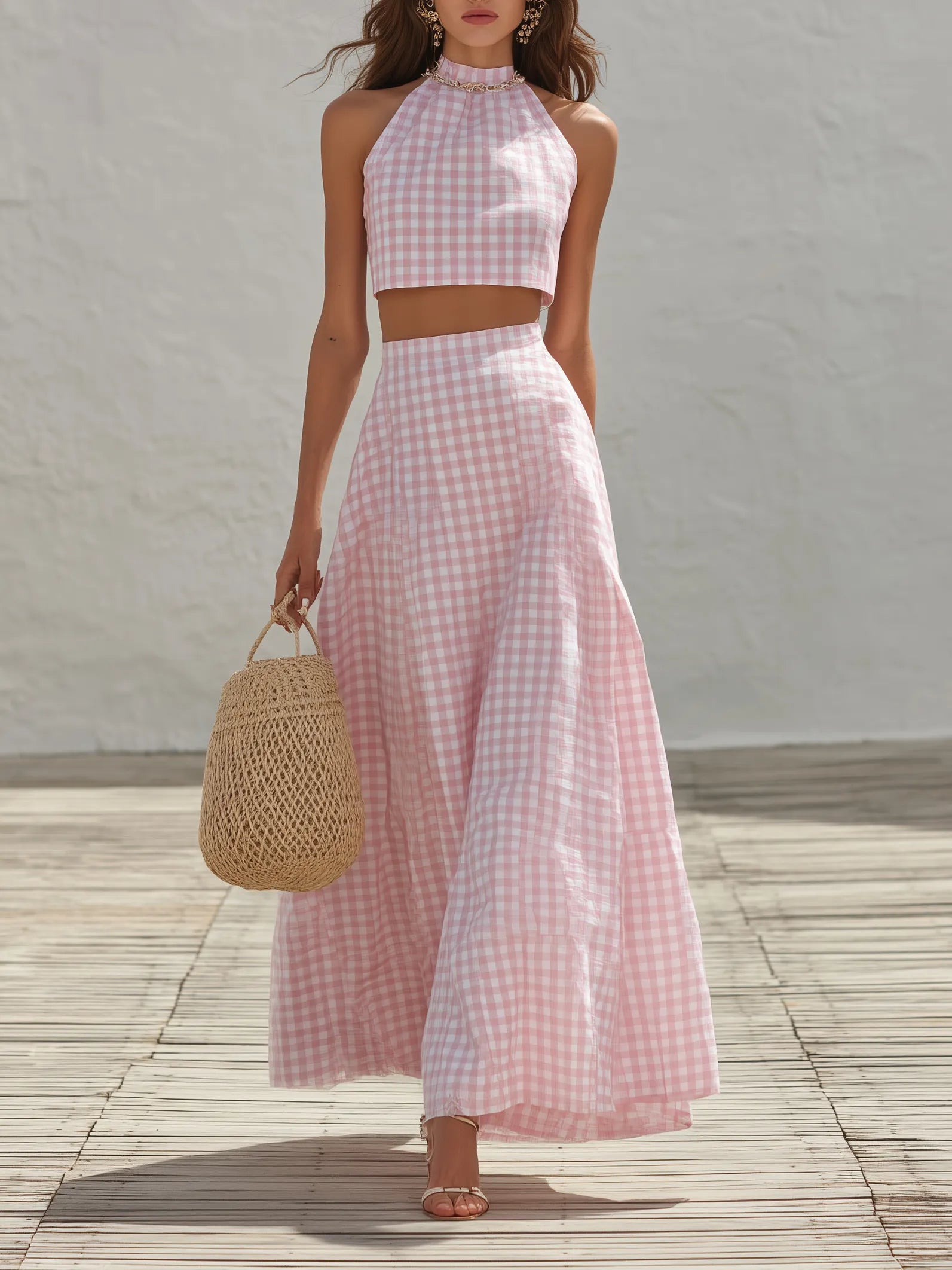 Cottagecore Vacation Style Pink Gingham Linen-Blend Halter Crop Top & Maxi Skirt Set