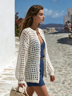 Resort-style Openwork Long-sleeved Knitted Cardigan