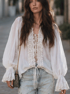 Romantic Boho Cotton-Gauze Crochet-Lace Tie-Front White Peasant Blouse