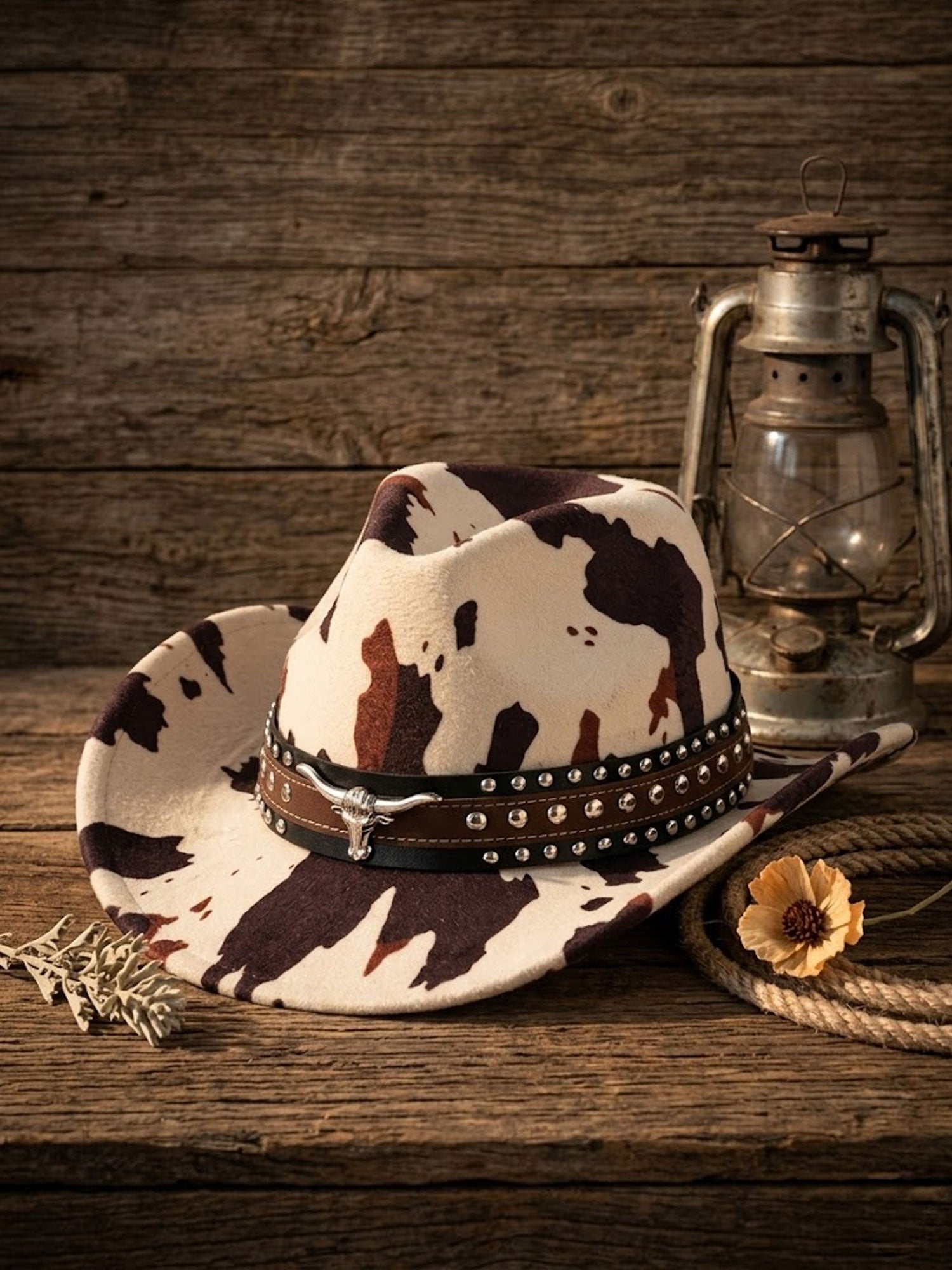 Cowboy Print Cowboy Hat for Men Women Vintage Western Studded Belt Fedora Hat with Longhorn Buckle