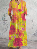Damen V-Ausschnitt Blumenmuster Baumwoll-Leinen-Kleid mit Taschen