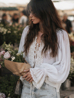 Romantic Boho Cotton-Gauze Crochet-Lace Tie-Front White Peasant Blouse
