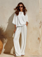 Retro Casual Sporty Color-blocked Trim Three-quarter Sleeve Top And Wide-leg Pants Set