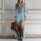 Women's Western Cowboy Style Retro Ethnic Fringe Floral Zipper Dress