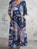 Women's V-Neck Abstract Butterfly Art Print Cotton And Linen Pocket Dress