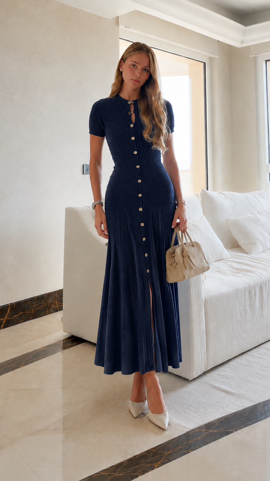 Elegant Ribbed Knit Midi Dress with Button Front & Side Slit - Casual Chic Summer Dress