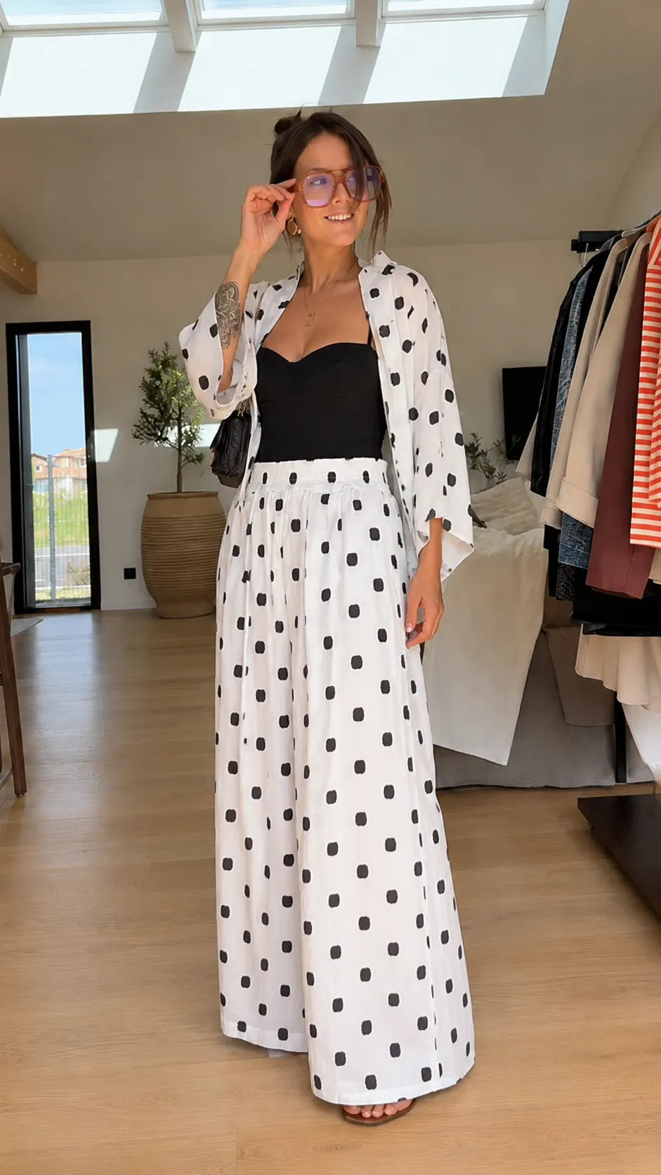 Boho Polka Dot Print Pant Set - Asymmetric Layered Kimono Top & Wide Leg Pants Co-ord
