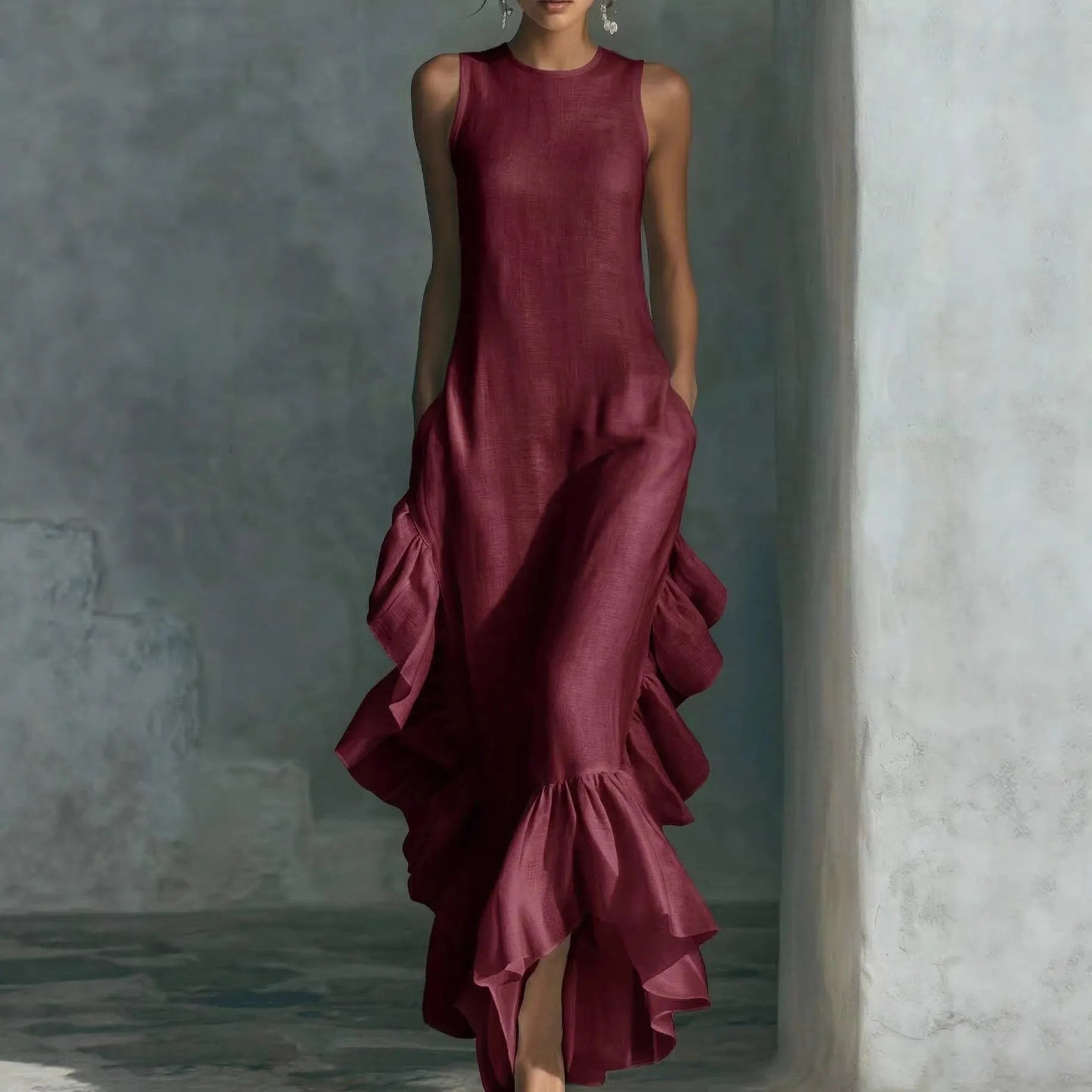Sleeveless Ruffled Linen Maxi Dress