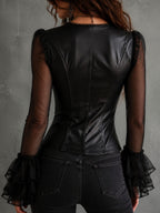 Gothic Black Faux Leather V Neck Corset Blouse With Sheer Sleeves