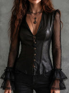 Gothic Black Faux Leather V Neck Corset Blouse With Sheer Sleeves