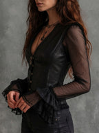 Gothic Black Faux Leather V Neck Corset Blouse With Sheer Sleeves
