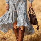 Women's Vintage Autumn/Winter Western Country  V-Neck Woven Fabric Plaid Print Dress