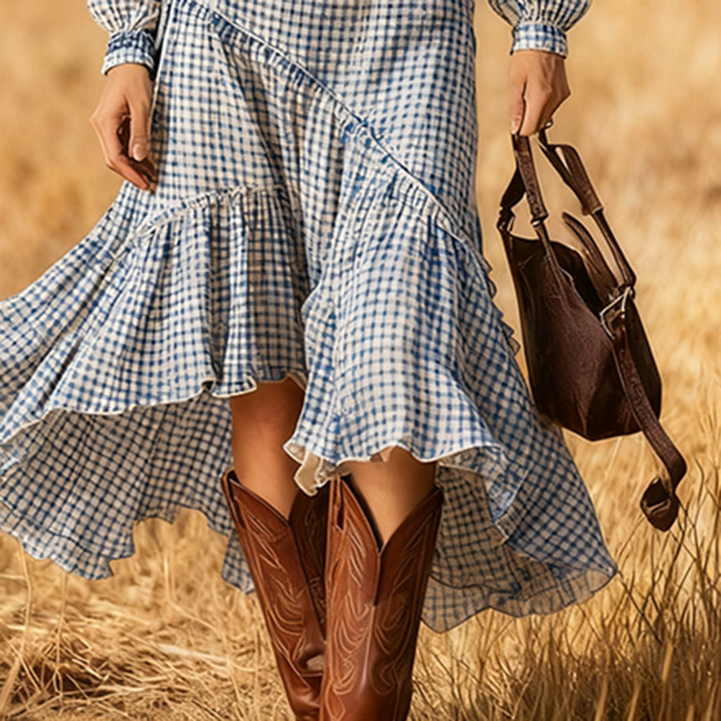 Women's Vintage Autumn/Winter Western Country  V-Neck Woven Fabric Plaid Print Dress