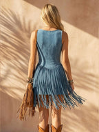 Perfect for Desert Music Festivals — 2026 Spring/Summer Dusty Blue Faux Suede Fringe Mini Dress