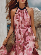 Pink Camo Print Sleeveless Crew-Neck Chiffon Maxi Dress