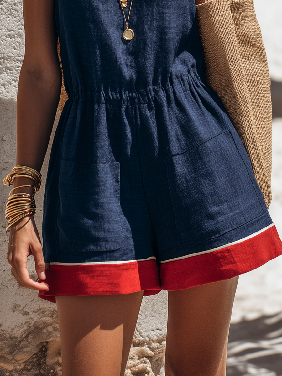 Vacation-style Color-block Square-neck Sleeveless Dark Blue Cotton-linen Romper