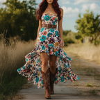 Western Retro Bohemian Strapless Midi Dress