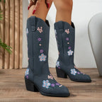 Women's Western Cowgirl Leather Floral Embroidered Mid-calf Solid Color Thick Heel Knight Boots