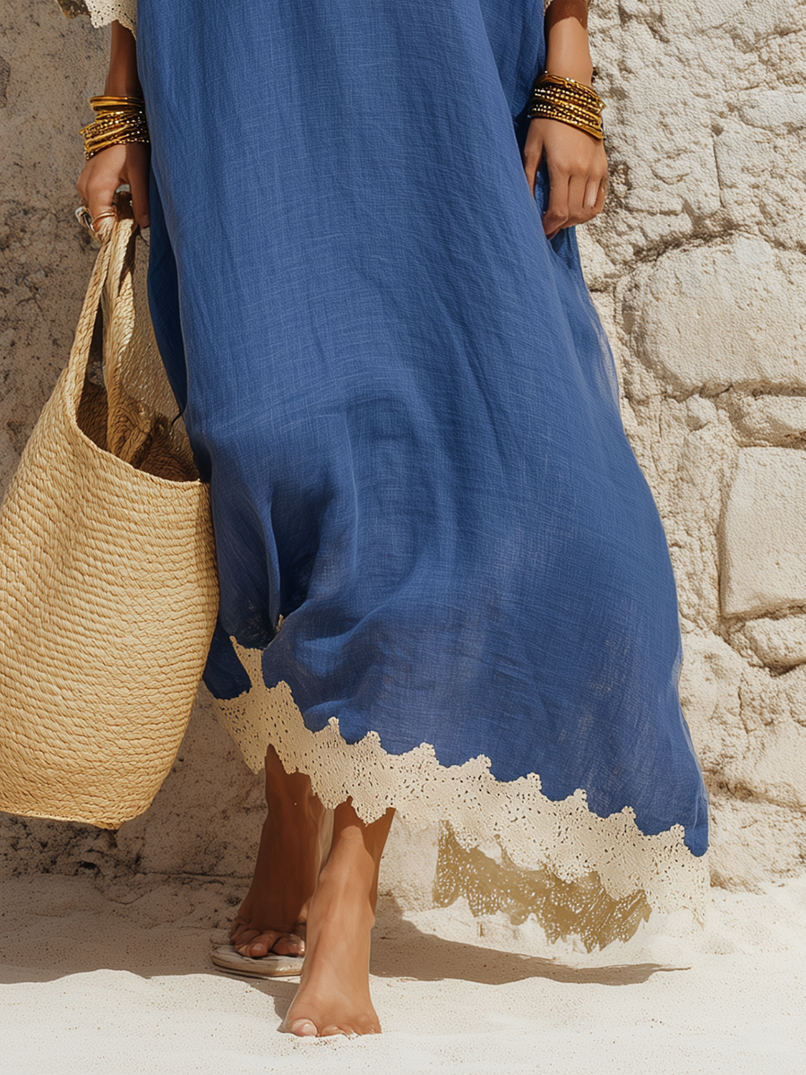 Minimalist Vacation Lace Trim Three Quarter Sleeves Cotton-Linen Maxi Dress