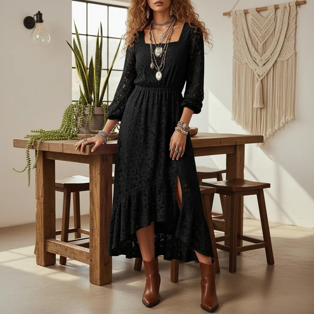 Women's Fashion Spring/Summer Bohemian-Style Black Water-Soluble Lace Square-Neck Long-Sleeve Dress