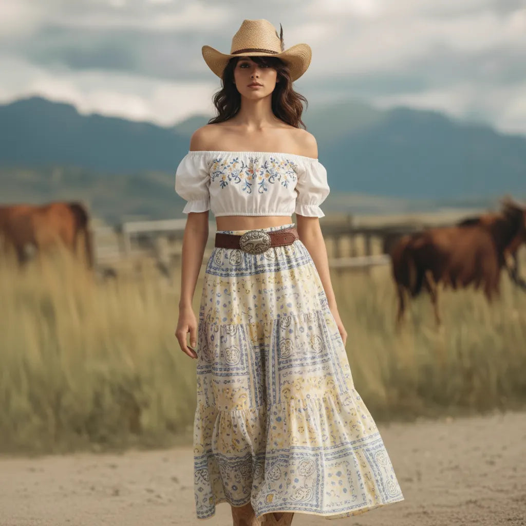 Cropped Off-the-shoulder Top Layered Printed Flared Skirt Boho-chic Western-style Set