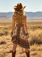 Women's Western Cowboy Cotton Boho Printed V-Neck Midi Dress With Tassel Hem