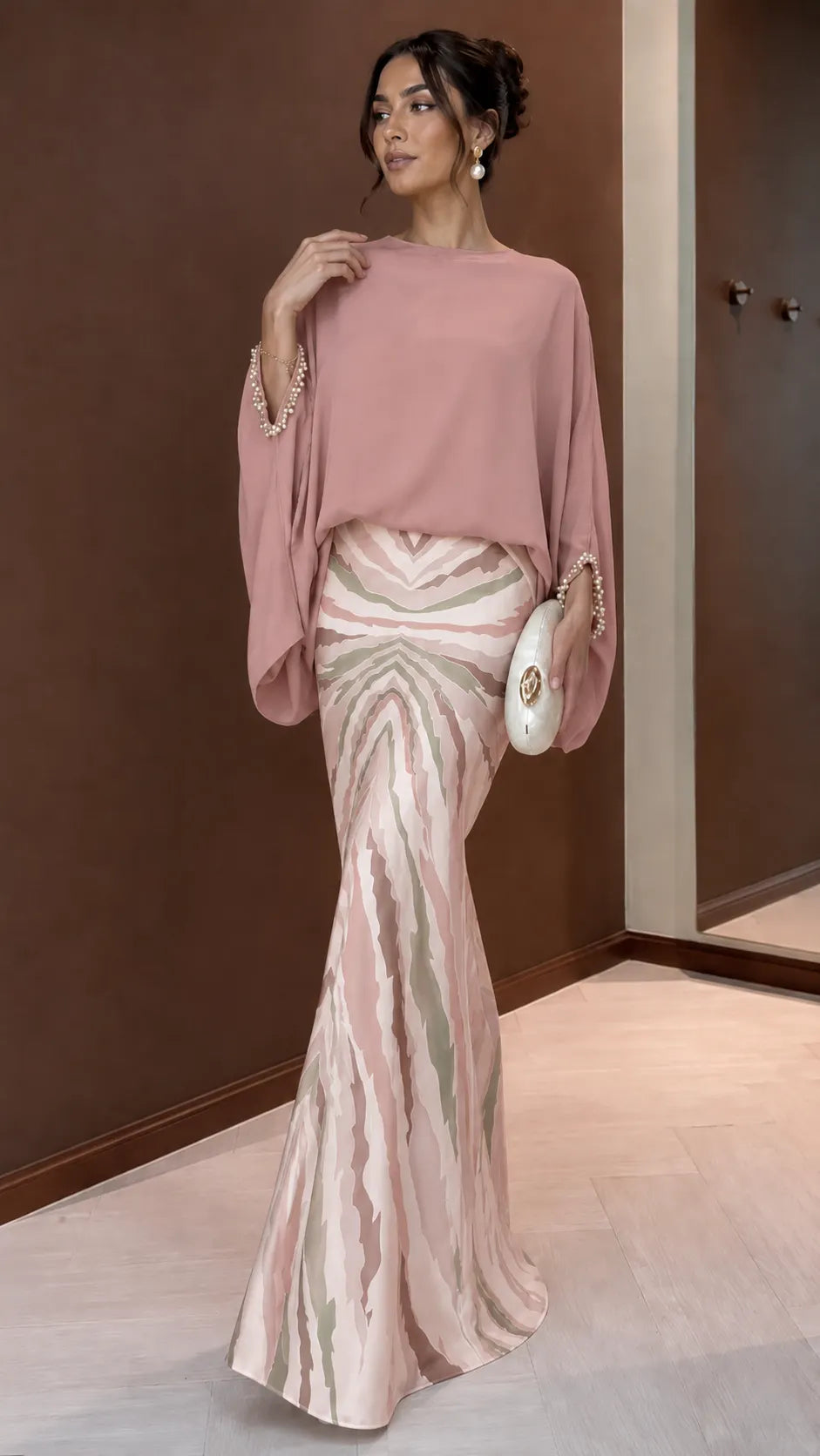 Boho Chic Color Block Maxi Dress - Oversized Top & Mermaid Printed Skirt Set with Bracelet Sleeves