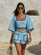 Resort-style Square-neck Short-sleeved Black-trimmed Top And Shorts Set