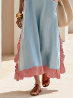 Vacation Red And White Stripes Ruffles Blue Sleeveless Tencel Maxi Dress