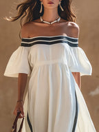 Tropical Beach White Off Shoulder Stripe Trim High Slit Maxi Dress