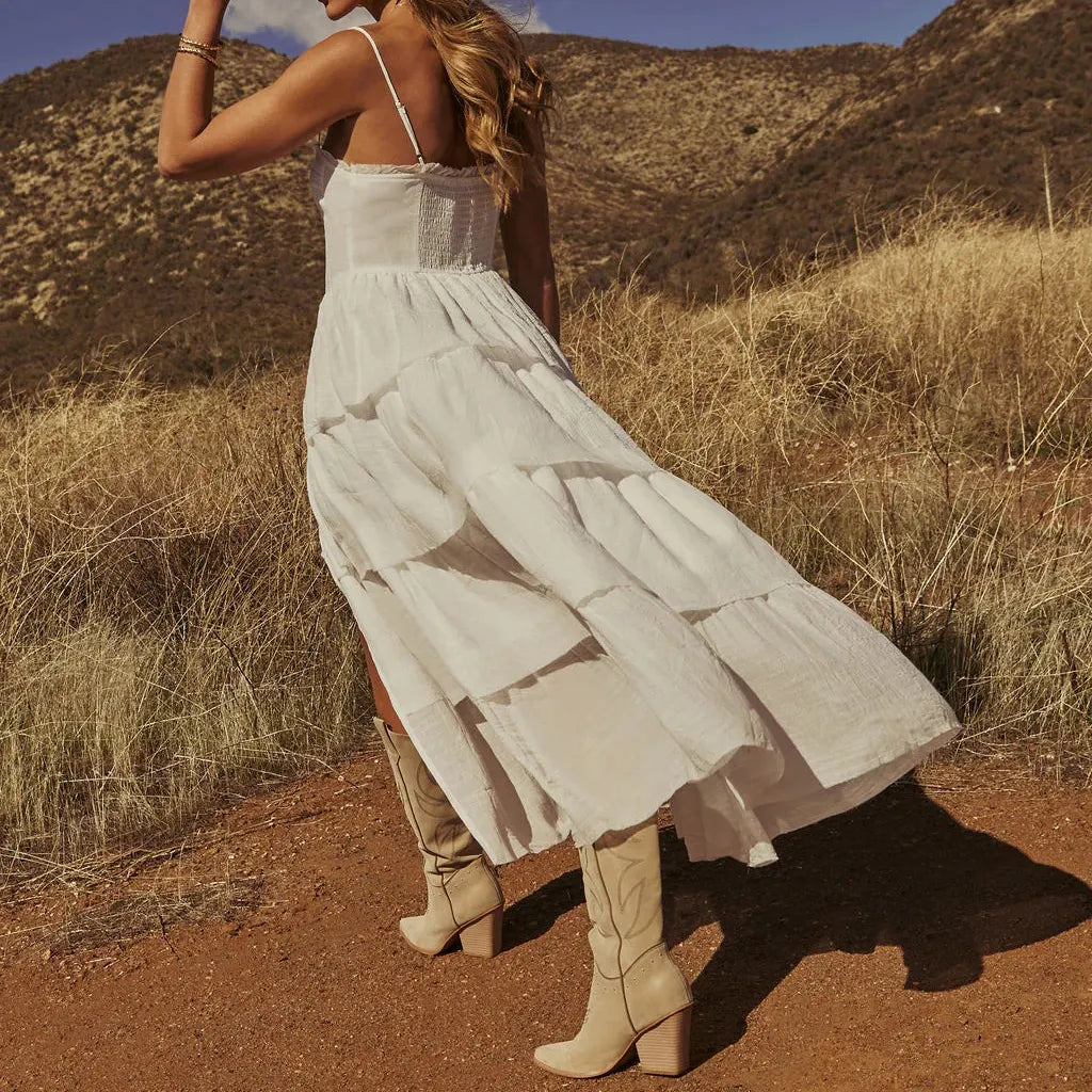 Western Cotton Blend White Tiered Maxi Dress Bustier Flyaway Tunic With Lace Detailing And Adjustable Straps For Boho Style