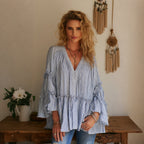 Women's Elegant, Oversized, Comfortable Striped V-neck Long-sleeved T-shirt