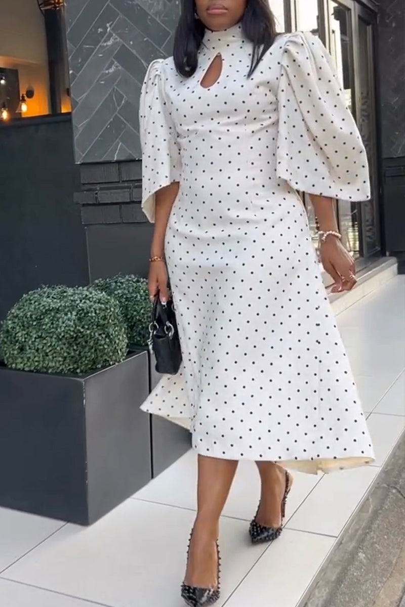 Women's Elegant Puff Sleeve A-Line Polka Dot Dress