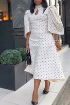 Women's Elegant Puff Sleeve A-Line Polka Dot Dress