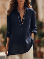 Retro Classic Henley Collar Shirt And Wide-leg Trousers Cotton-linen Suit