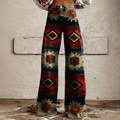 Women's Retro Distressed Western Geometric Country Ethnic Printed Faux Denim Wide Leg Pants