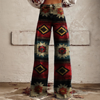 Women's Retro Distressed Western Geometric Country Ethnic Printed Faux Denim Wide Leg Pants