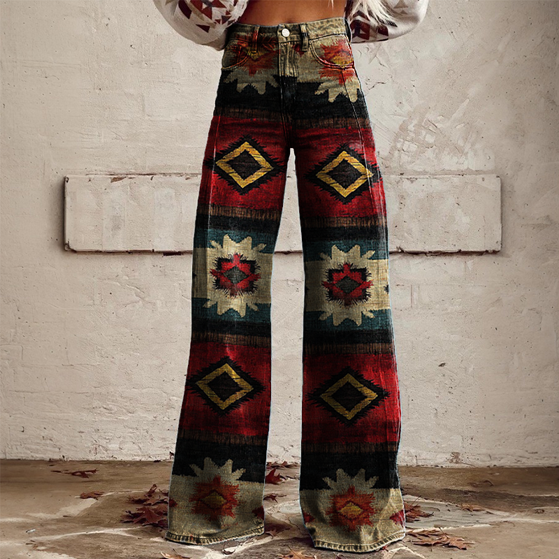 Women's Retro Distressed Western Geometric Country Ethnic Printed Faux Denim Wide Leg Pants