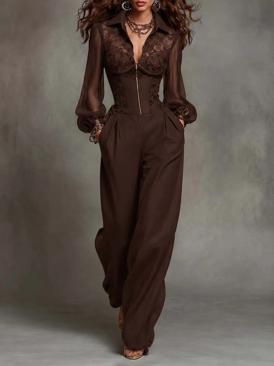 Vintage Elegant Lace Chiffon Long-Sleeve Zipper Corset Waist Jumpsuit