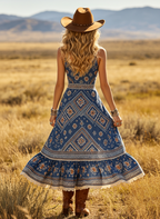 Women's Western Cowboy Boho Chic Cotton Printed Maxi Dress With Lace Trim And Deep V-Neck