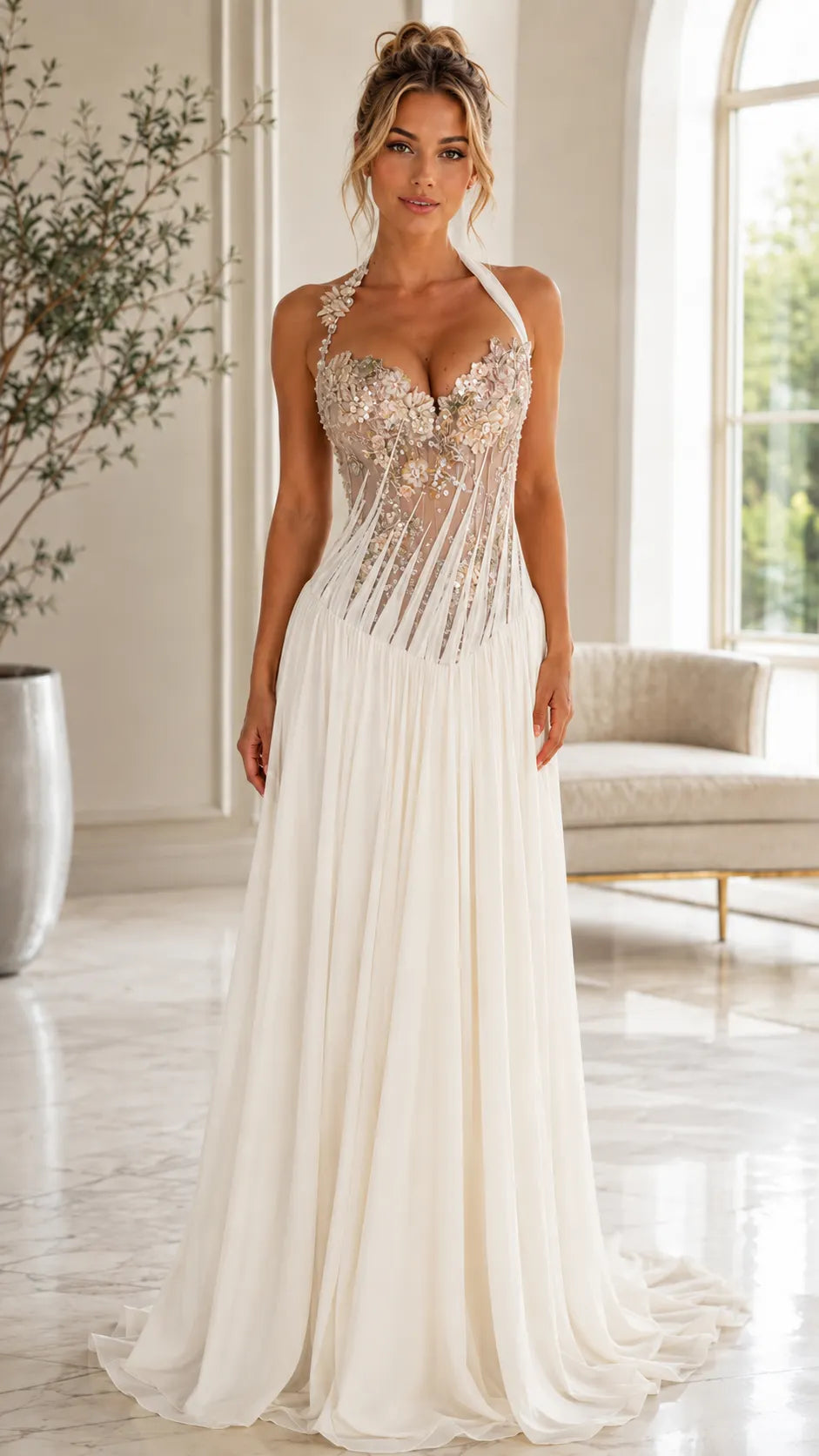 Floral Appliqué Halter Corset Evening Gown with Pleated Skirt