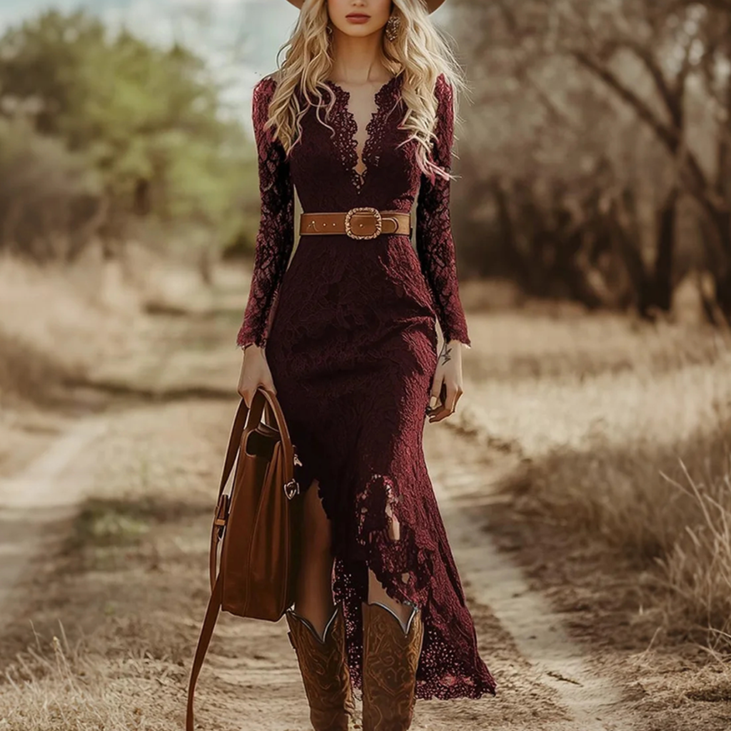 Country Concert Outfit Women's Vintage Elegant Lace Mermaid Dress For A Rustic Walk
