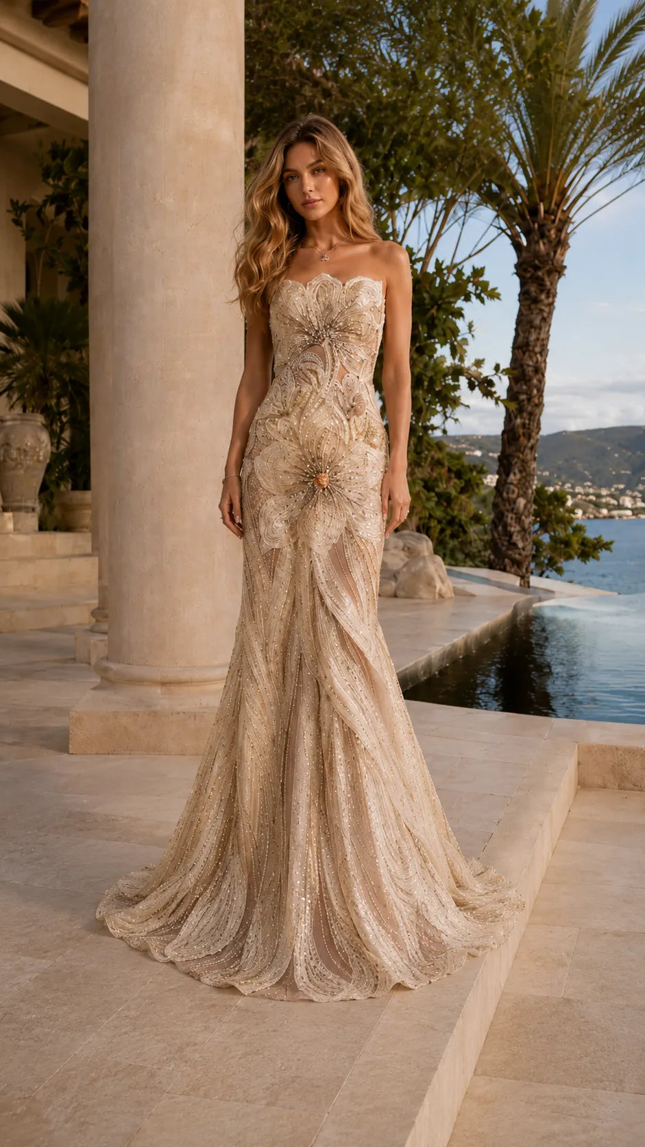 Strapless Floral Appliqué Mermaid Evening Gown