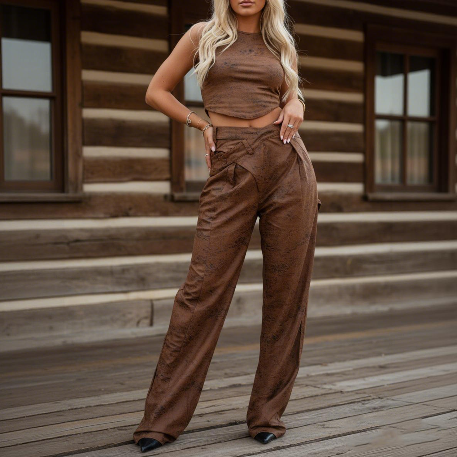 Women's Vintage Brown Velvet Wide-Leg Pants