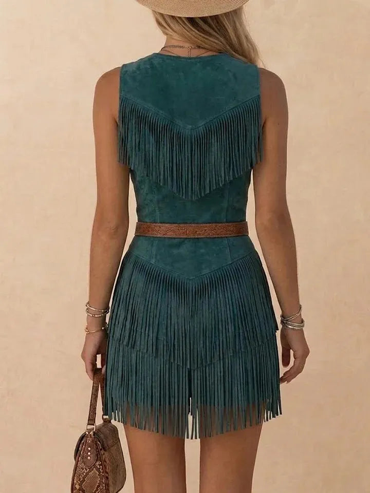 Faux Suede Fringe Mini Dress With Deep V-Neck And Zipper Closure