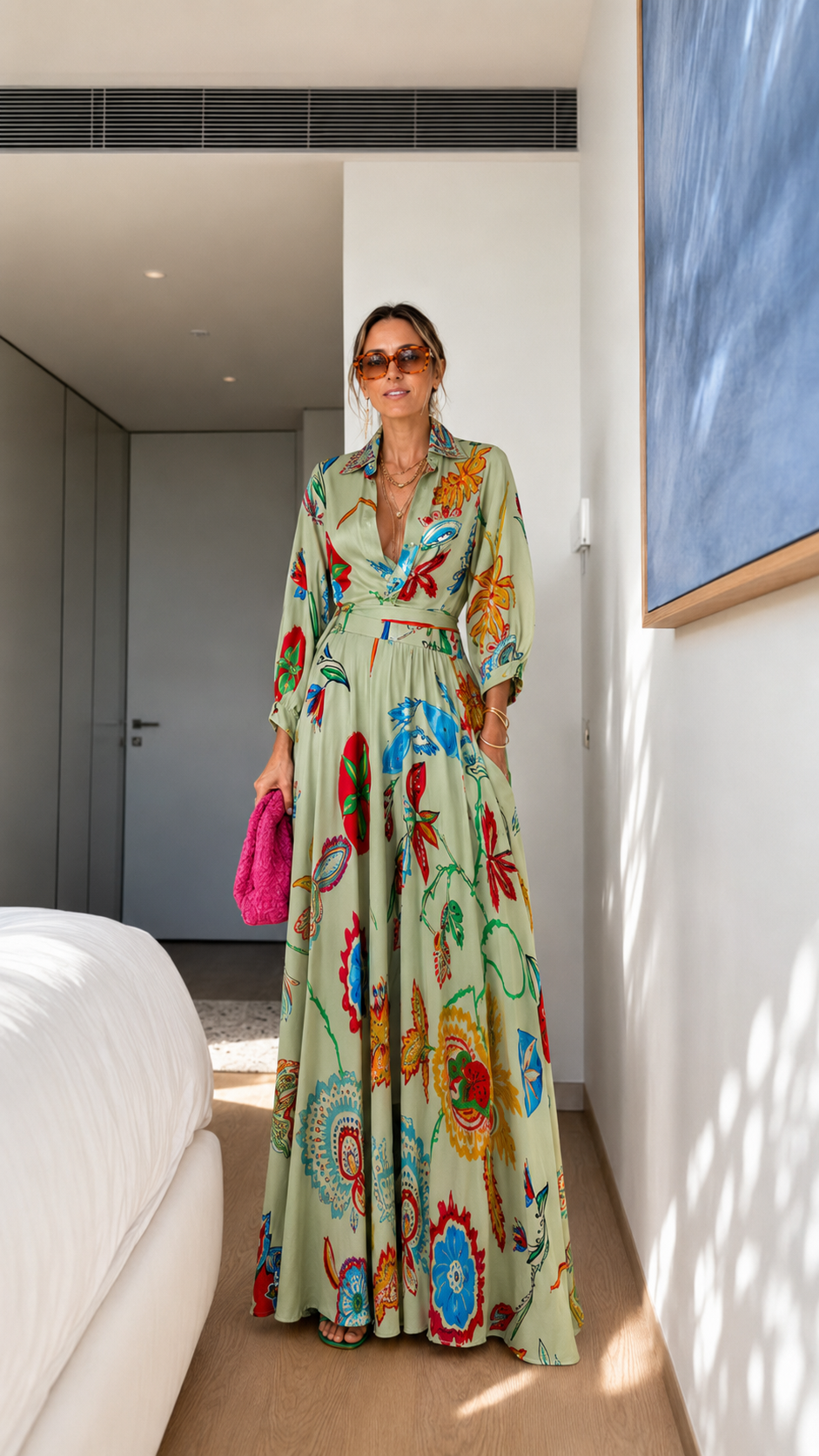 Printed Shirt Collar Maxi Dress with Belted Waist